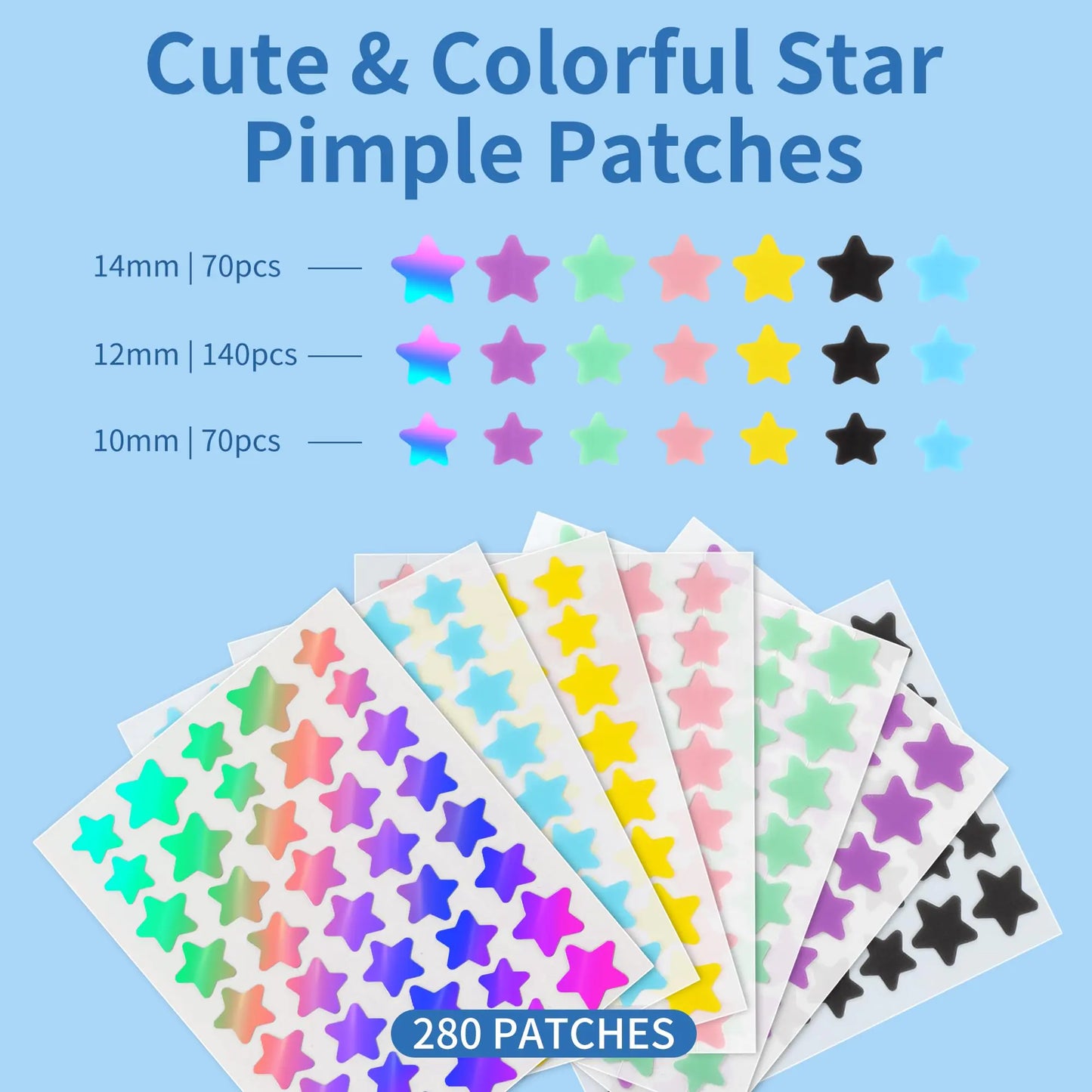 Pimple Patches for Face, 3 Size 280 Counts Acne Patches, Cute Star Pimple Patches with Salicylic Acid, Tea Tree Oil & Calendula Oil, Colorful Hydrocolloid Patches Zit Patches Pimple Stickers 280 Count (Pack of 1)